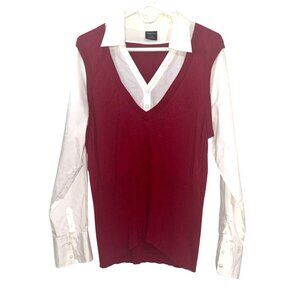 Red & White Collared Sweater Style Blouse XL By Tribal Rayon/Nylon Womens Office